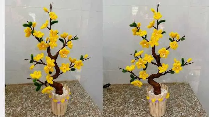 bo-hoa-mai-len Cành hoa mai vàng handmade mang lại vẻ đẹp ấm cúng và tinh tế cho không gian ngày Tết