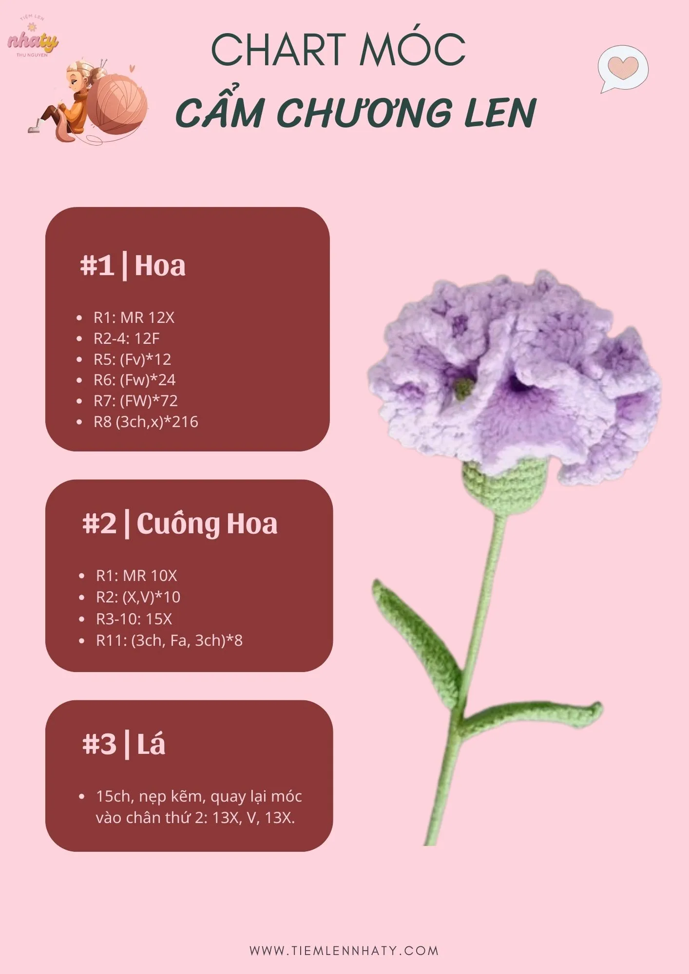 Sự tỉ mỉ trong từng mũi móc giúp bông hoa cẩm chướng len trở nên sống động như thật