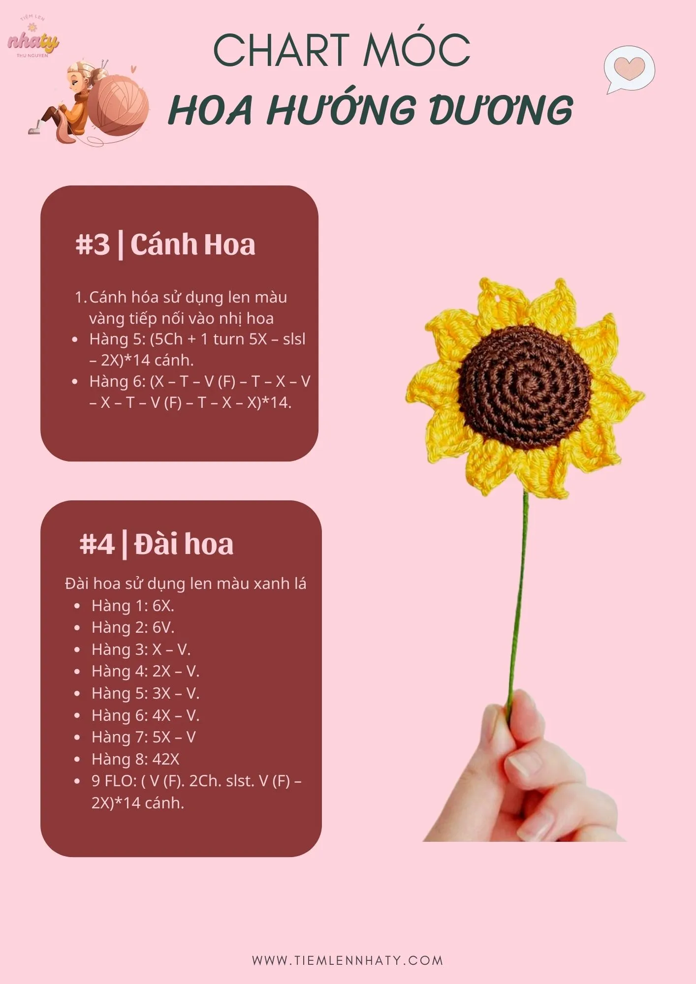 chart-moc-len-hoa-huong-duong-2-1 Từng mũi móc được thực hiện tỉ mỉ để tạo nên cánh hoa lưu ly hoàn hảo