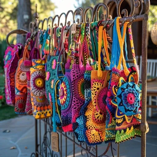 colorful-crochet-bags-stockcake Bộ sưu tập túi móc tay với nhiều màu sắc và họa tiết đa dạng