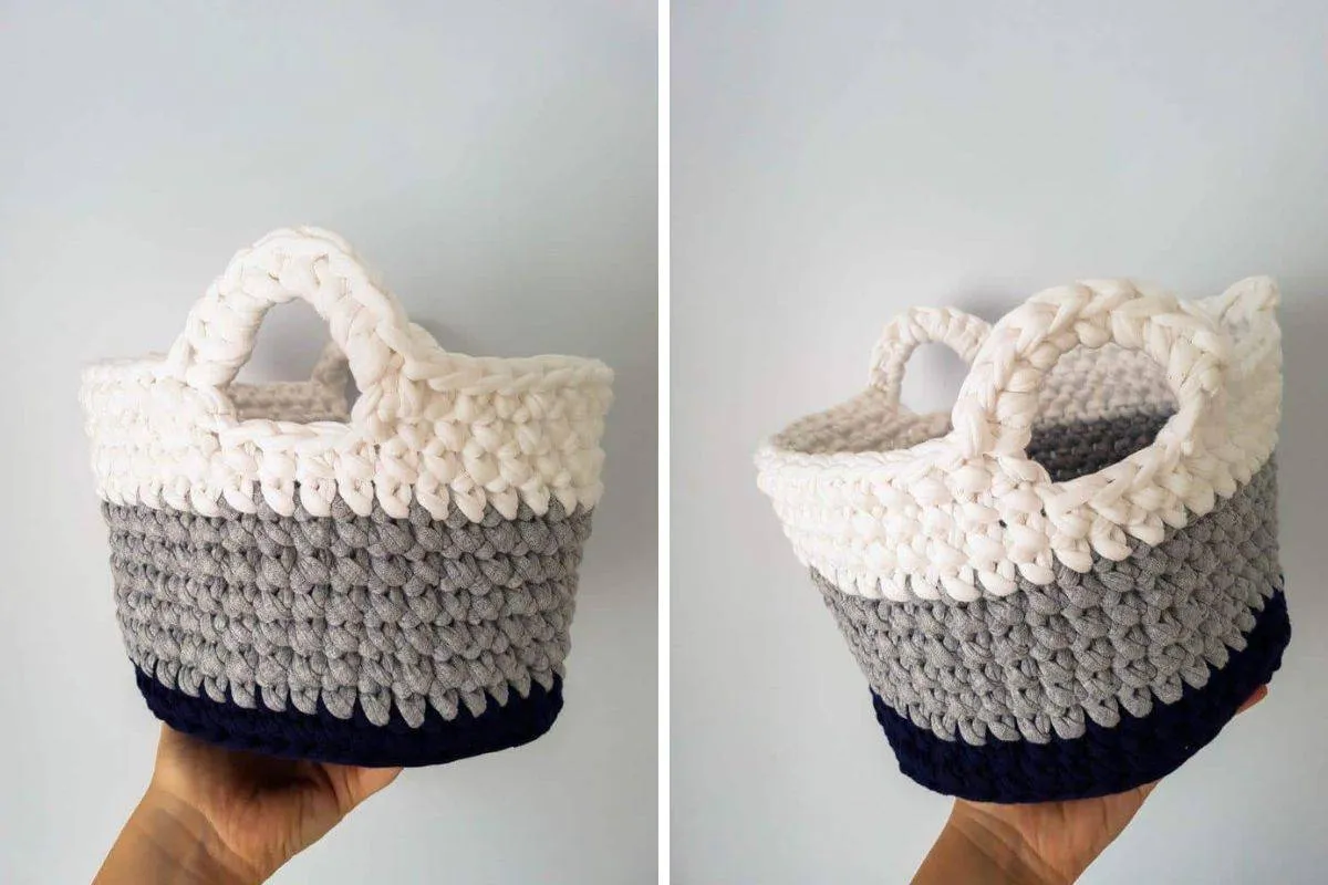 tshirt-yarn-crochet-toy-basket Sản phẩm giỏ đựng đồ được làm từ sợi dệt cỡ lớn mang lại độ định hình tốt và vẻ đẹp hiện đại